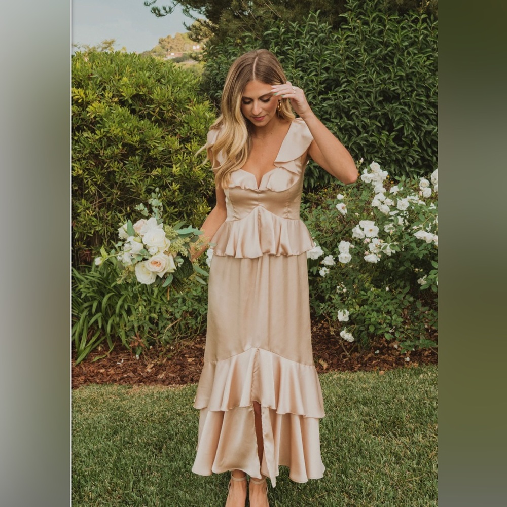 Reese ruffle dress in champagne luxe satin